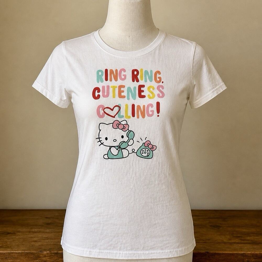 Hello Kitty T-Shirt Girls Medium M White Ring Ring Cuteness Calling Sanrio Tee